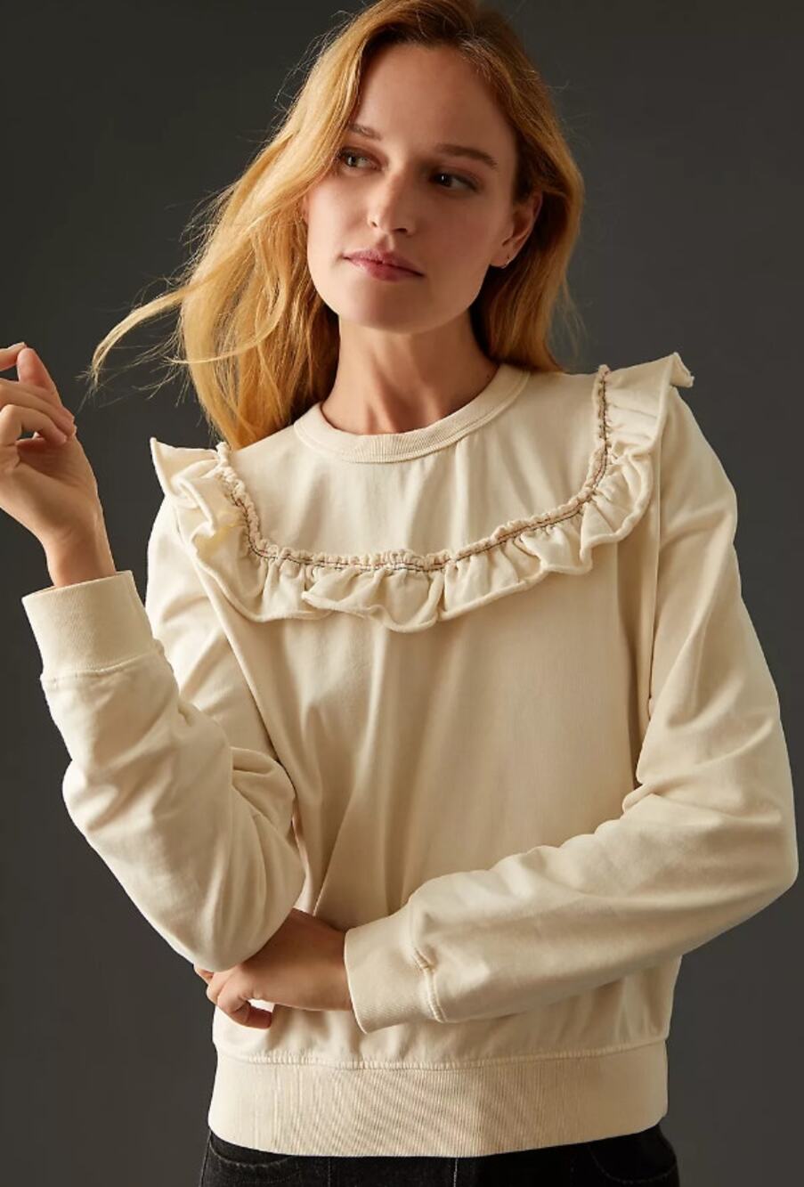 Clare V. Charlotte Sweatshirt Cream Ruffled Crewneck Size Medium Neutral Casual